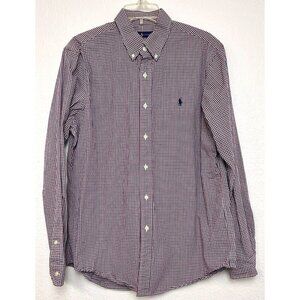 RALPH LAUREN Mens LARGE Red/Navy Check Plaid L/S Cotton Button Down SHIRT Pony